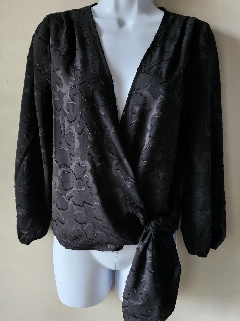 Madewell Black Textured Wrap Tie Blouse